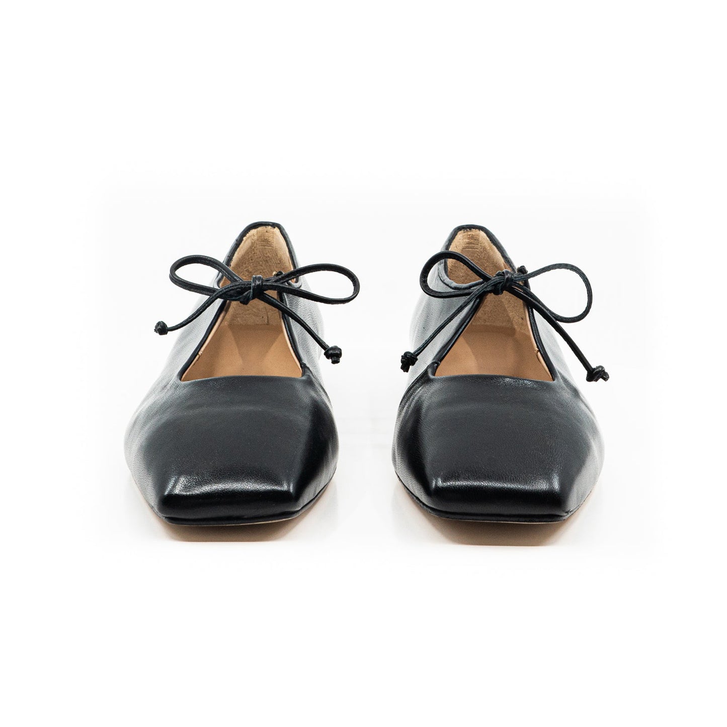 Black Vegan Leather Square-Toe Vamp Strap With Bow Ballet Flats