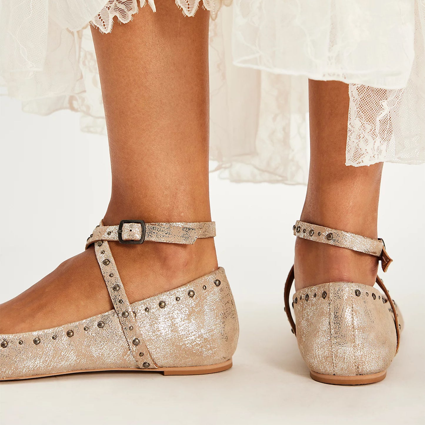 Metallic Champagne Square-Toe Wraparound Straps Studded Ballet Flats