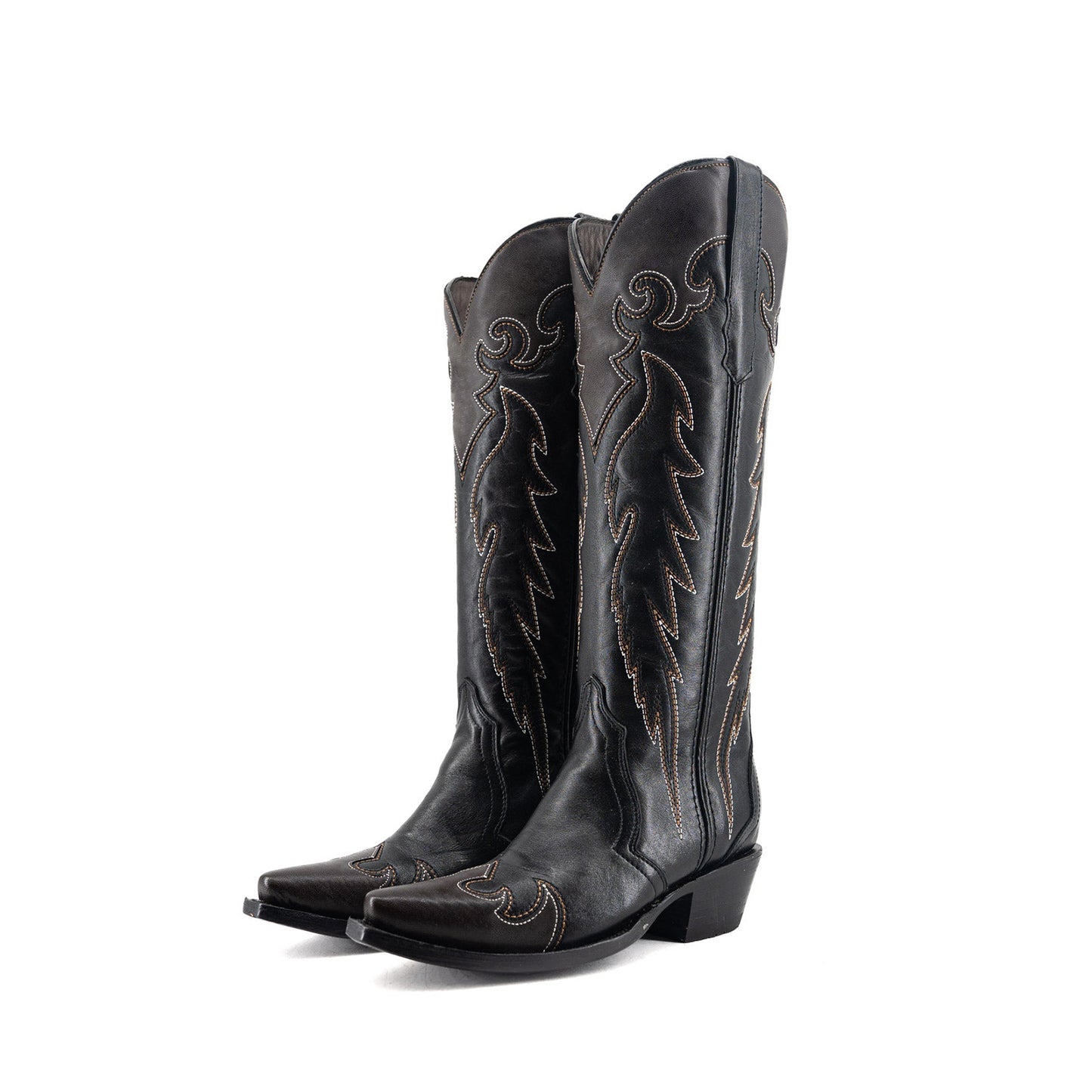 Black Snip-Toe Stylish Embroidery Wide Calf Classic Knee High Cowgirl Boots