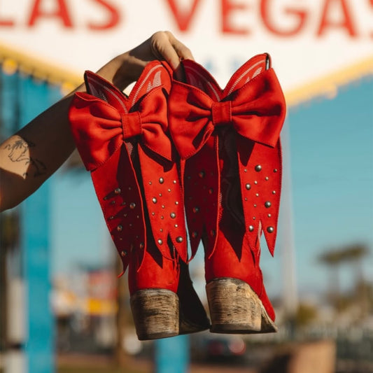 Red Pointed-Toe Embroidery Back Studded Bow Mid Calf Cowgirl Boots
