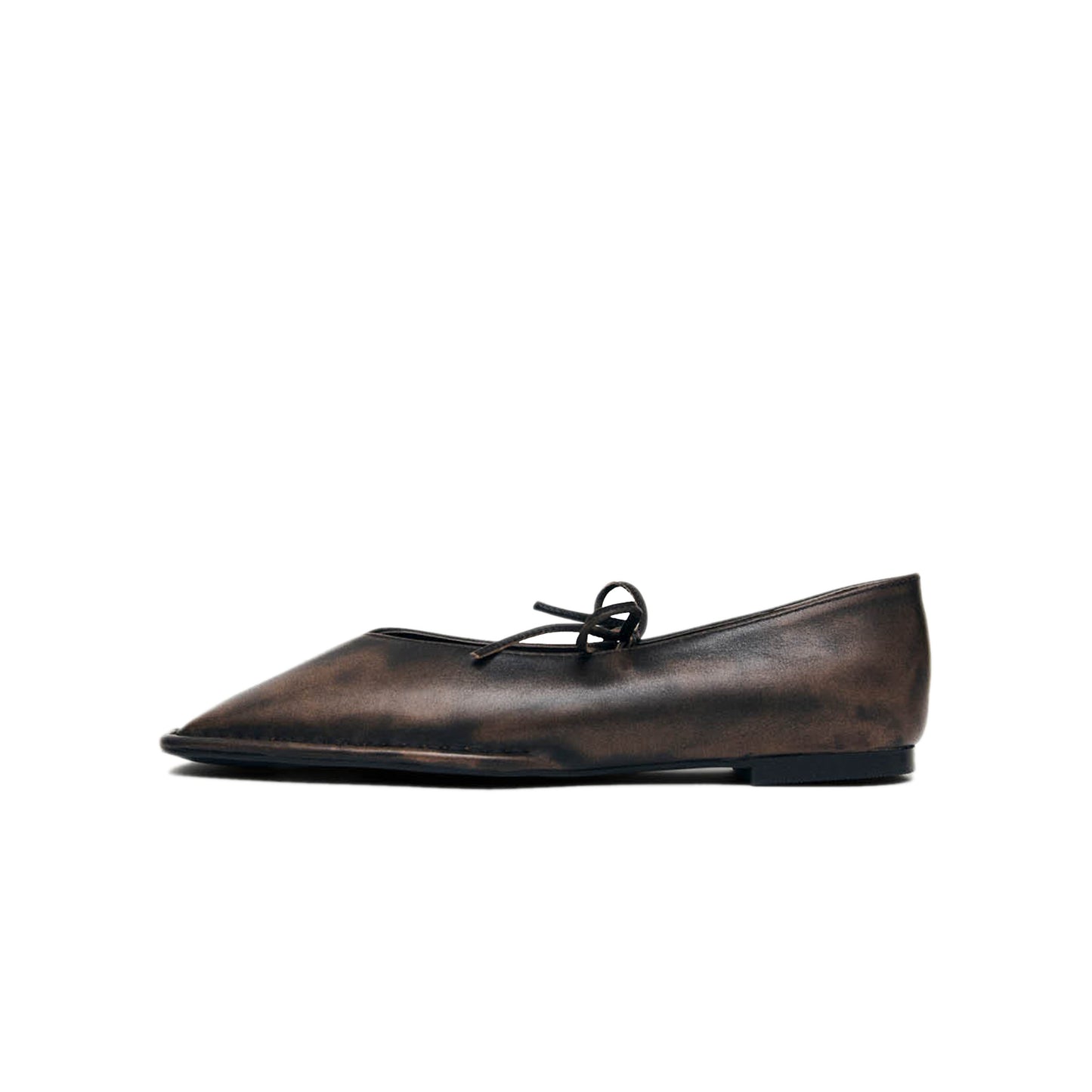 Vintage Brown Square-Toe V-Cut Vamps Middle Bow Ballet Flats