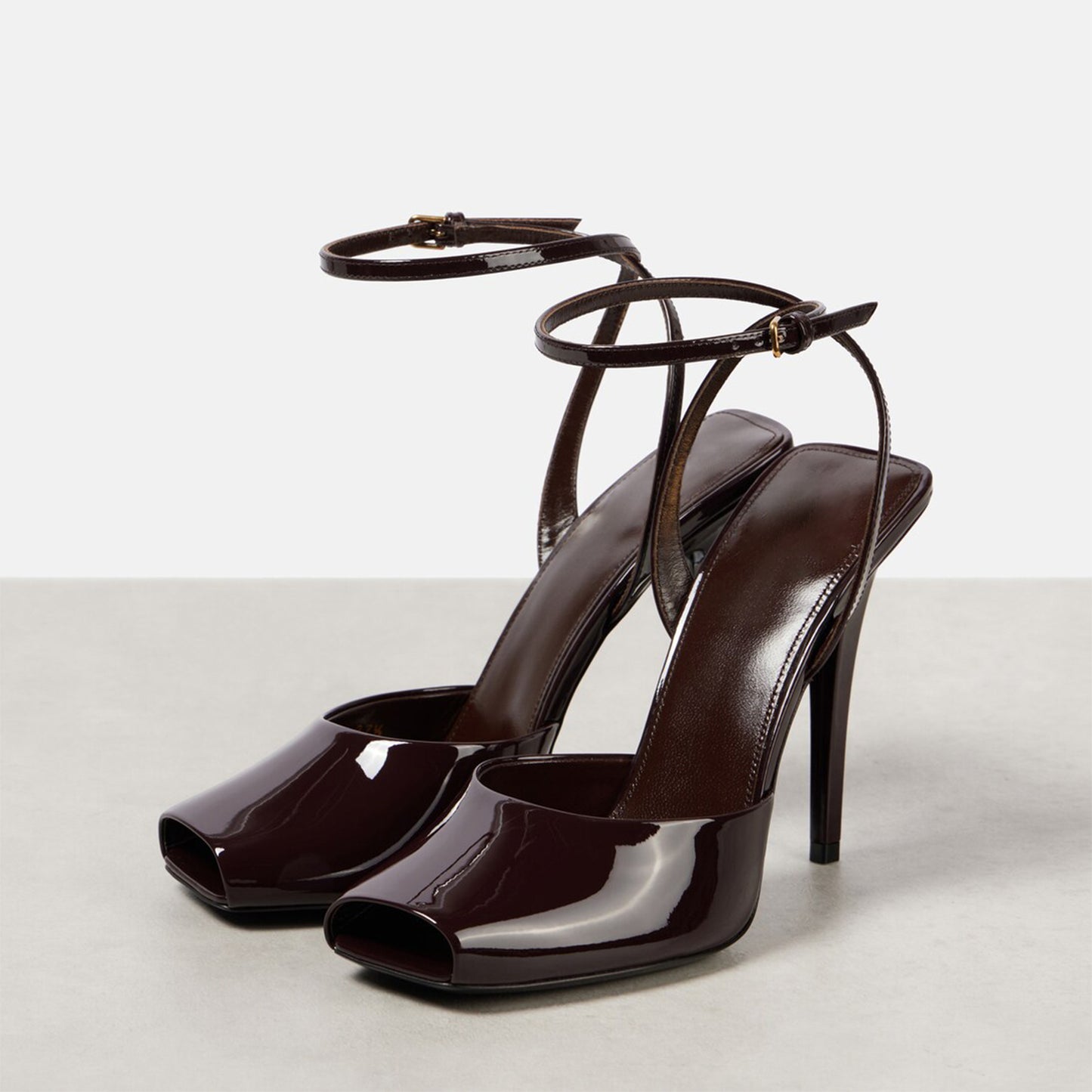 Patent Brown Square-Toe Ankle Strap High Heels