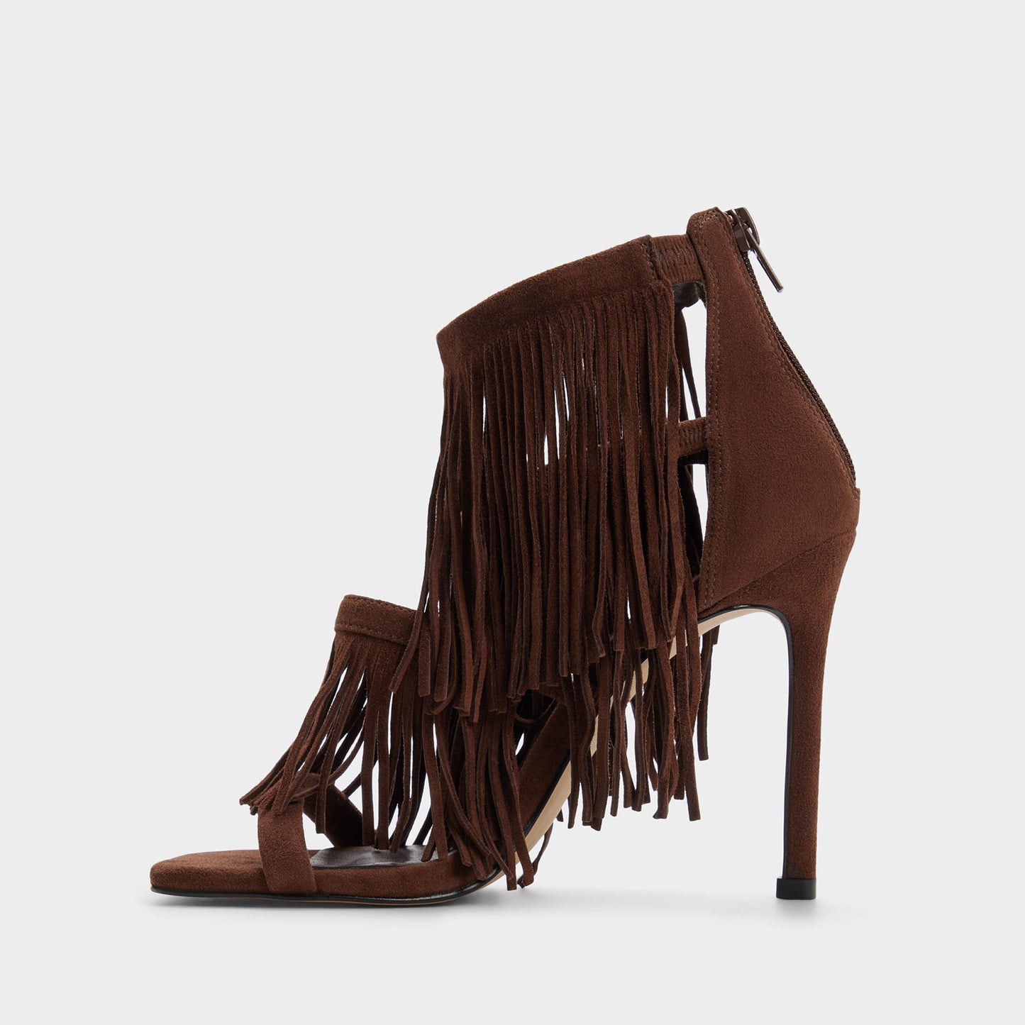 Brown Faux Suede Square-Toe Fringe And Strappy Back-Zip High Heels