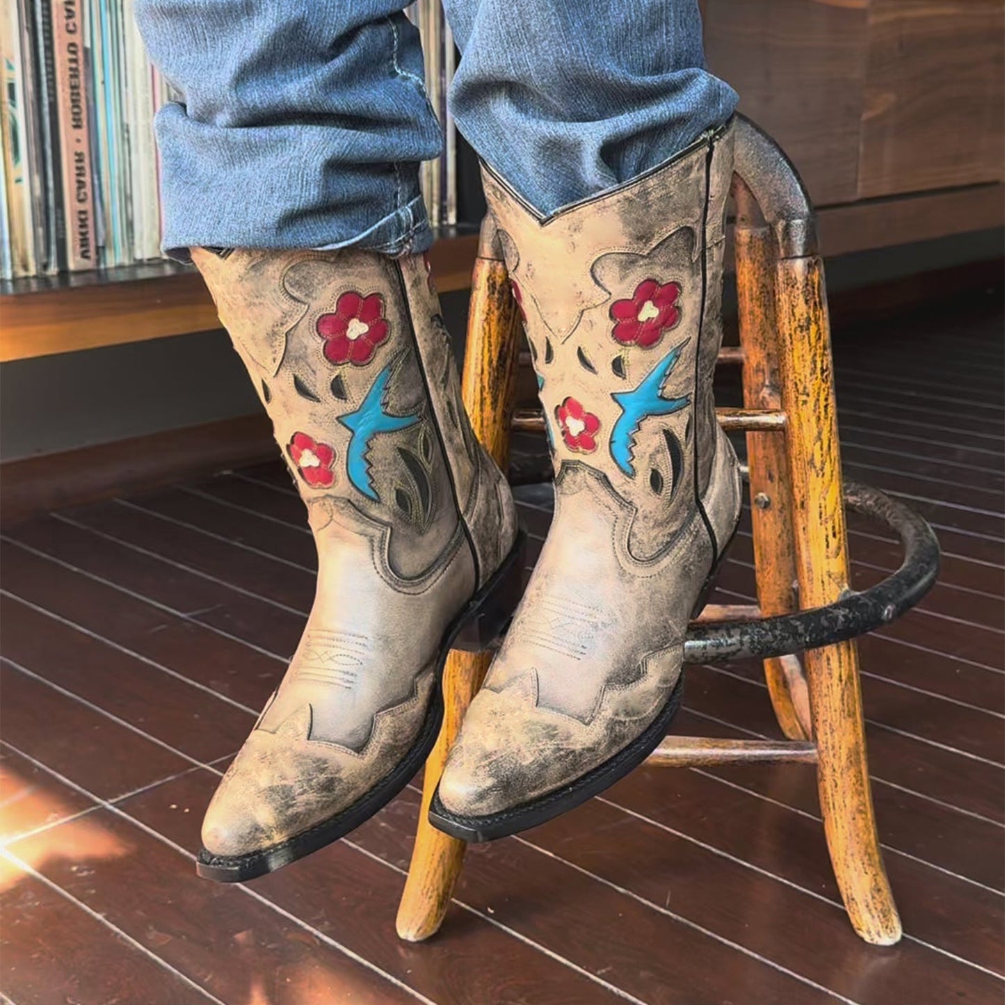Distressed Tan Snip-Toe Bird And Flower Inlays Mid Calf Cowgirl Boots
