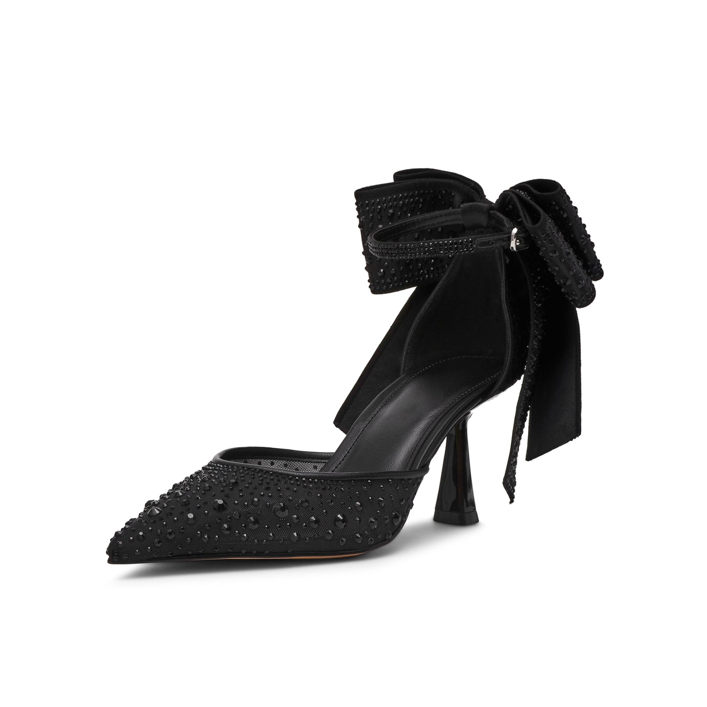 Black Crystals Satin Pointed-Toe Ankle Strap With Bow Pumps