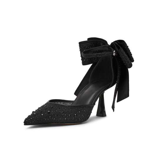 Black Crystals Satin Pointed-Toe Ankle Strap With Bow Pumps