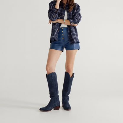 Navy Blue Faux Suede Almond-Toe Embroidery Wide Calf Knee High Cowgirl Boots