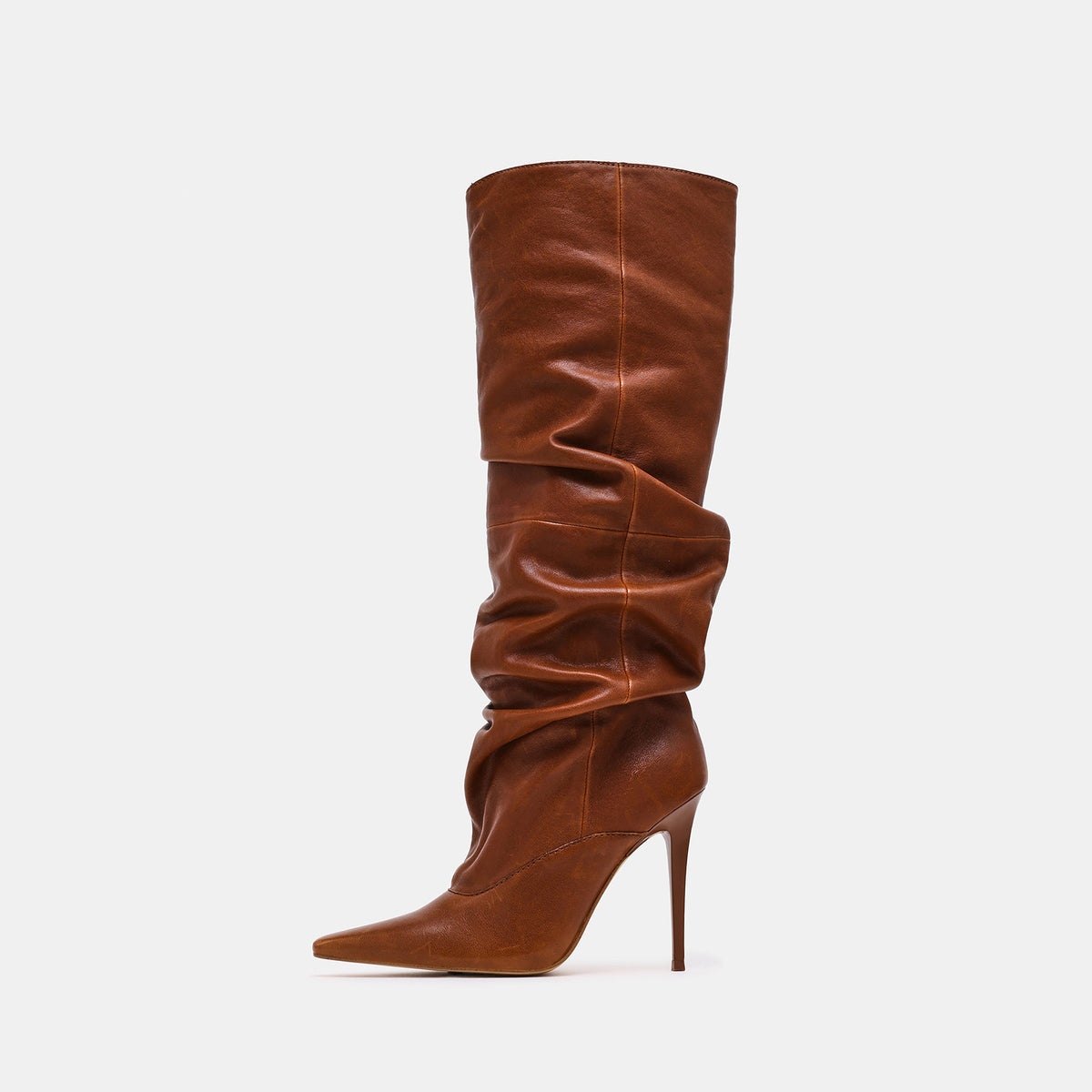 Brown Vegan Leather Pointed-Toe Simple Wide Calf Knee High Stiletto Boots