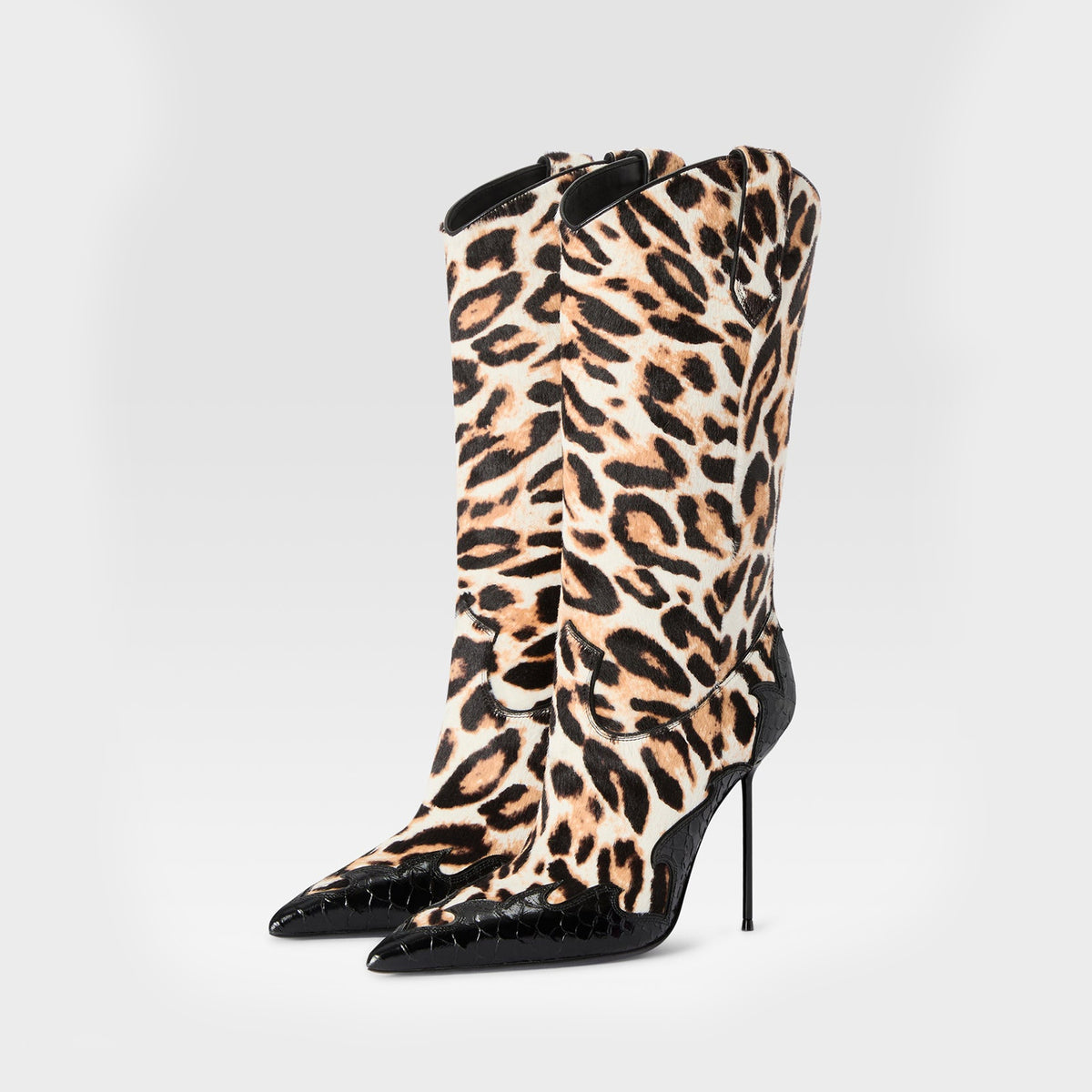 Leopard Pattern And Black Snakeskin Pattern Pointed-Toe Slip-On Mid Calf Stiletto Boots
