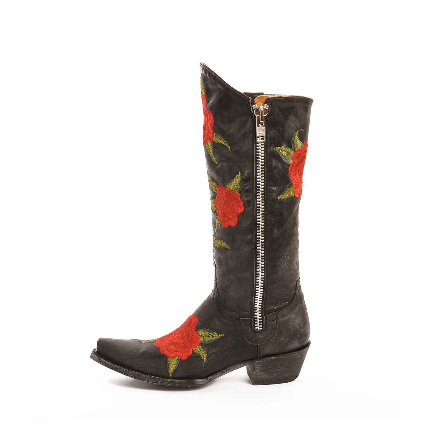 Black Snip-Toe Big Red Florals Embroidery Full-Zip Mid Calf Classic Cowgirl Boots