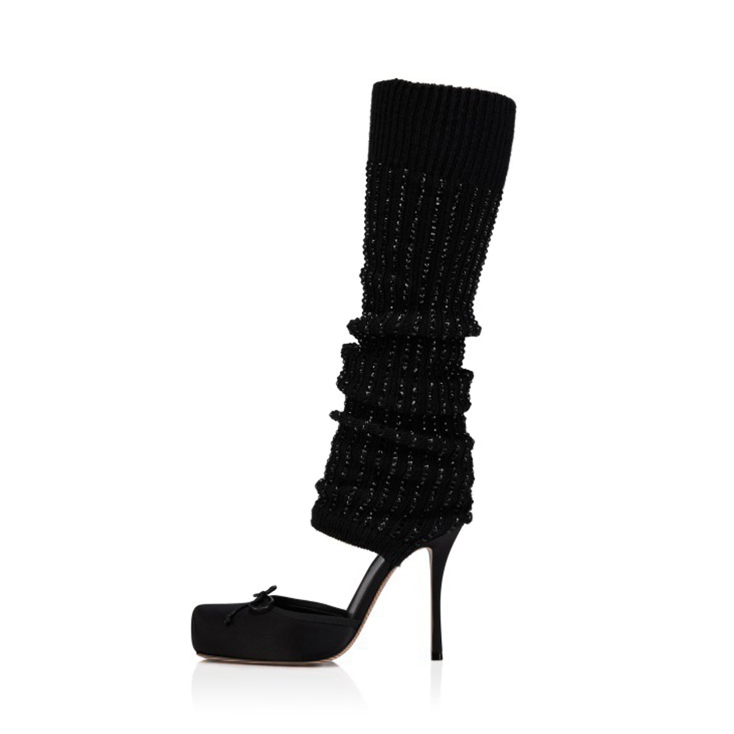Black Satin Square-Toe Woolen Shaft With Rhinestone Knee High Stiletto Boots
