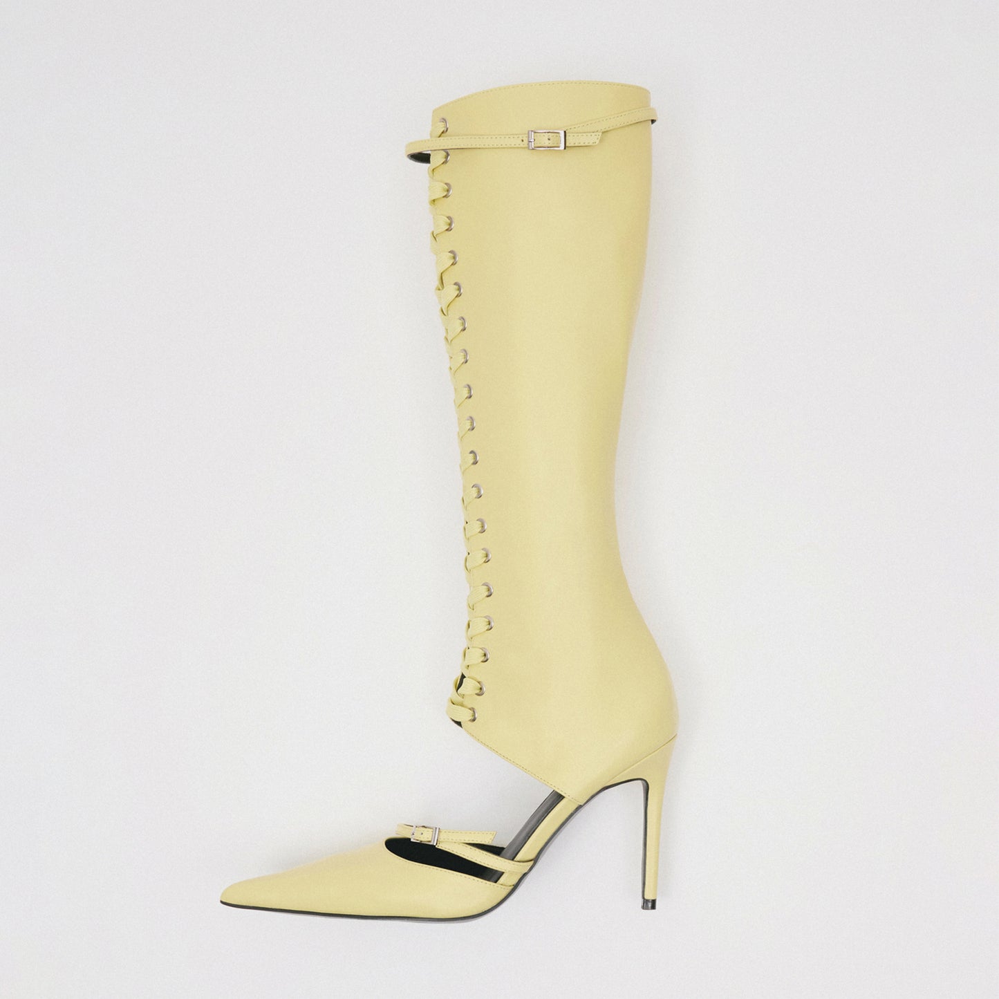 Yellow Pointed-Toe Front Lace-Up Full-Zip Knee High Stiletto Boots