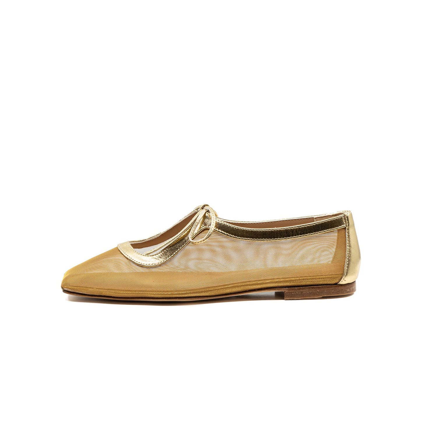 Metallic Gold Mesh Square-Toe Bow-Tied Vamp Strap Flats