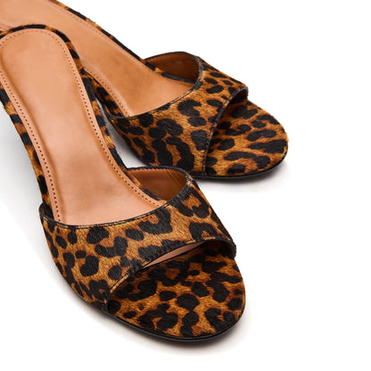 Leopard Pony Hair Round-Toe Slip-On Mule Kitten Heels