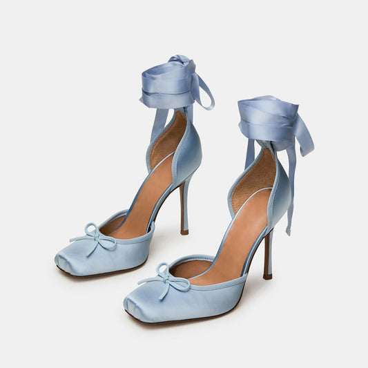 Blue Satin Square-Toe Front Bow Ankle Strap Slip-On High Heels