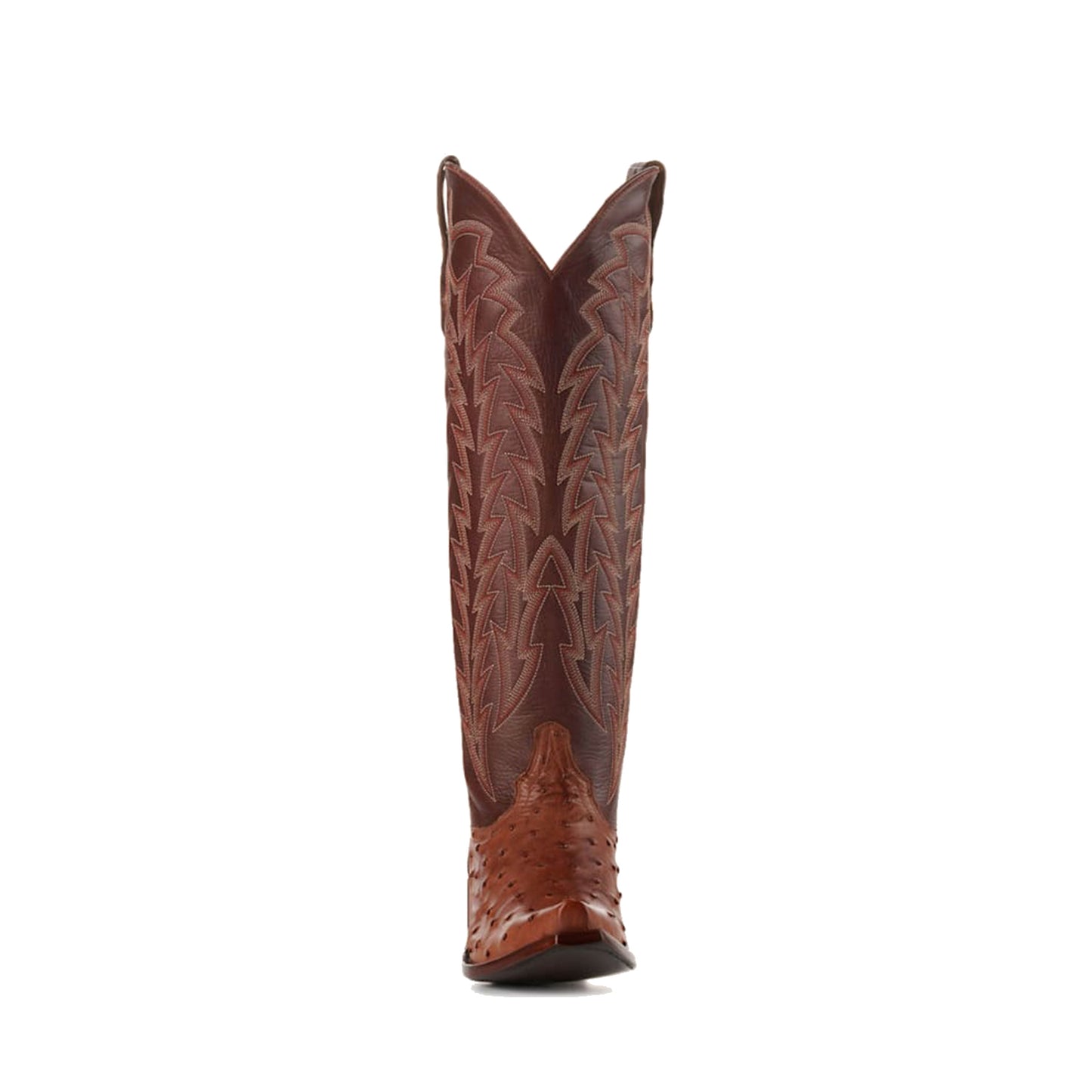 Cognac Contrast Vegan Leather And Ostrich Print Snip-Toe Embroidery Classic Wide Calf Knee High Cowgirl Boots