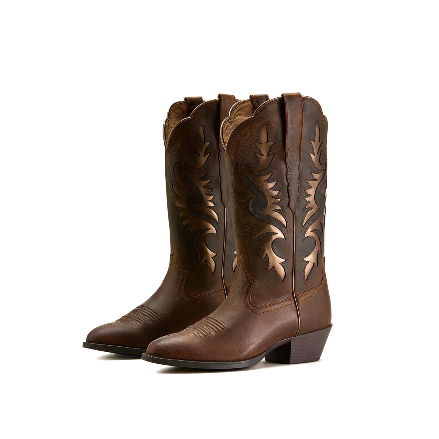 Brown Almond-Toe Metallic Bronze Inlay Mid Calf Cowgirl Boots
