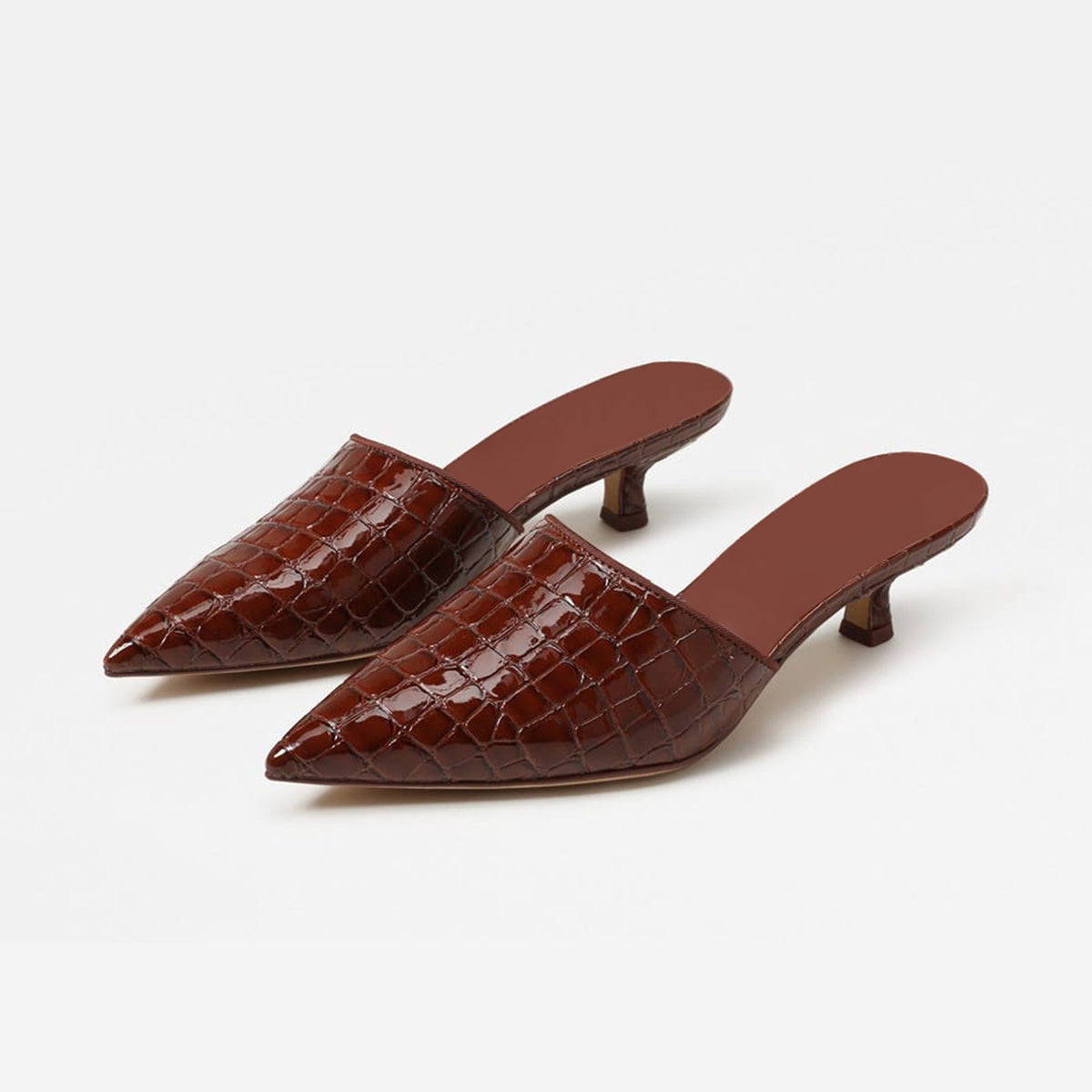 Brown Stone Pattern Vegan Leather Pointed-Toe Backless Chic Kitten Heels