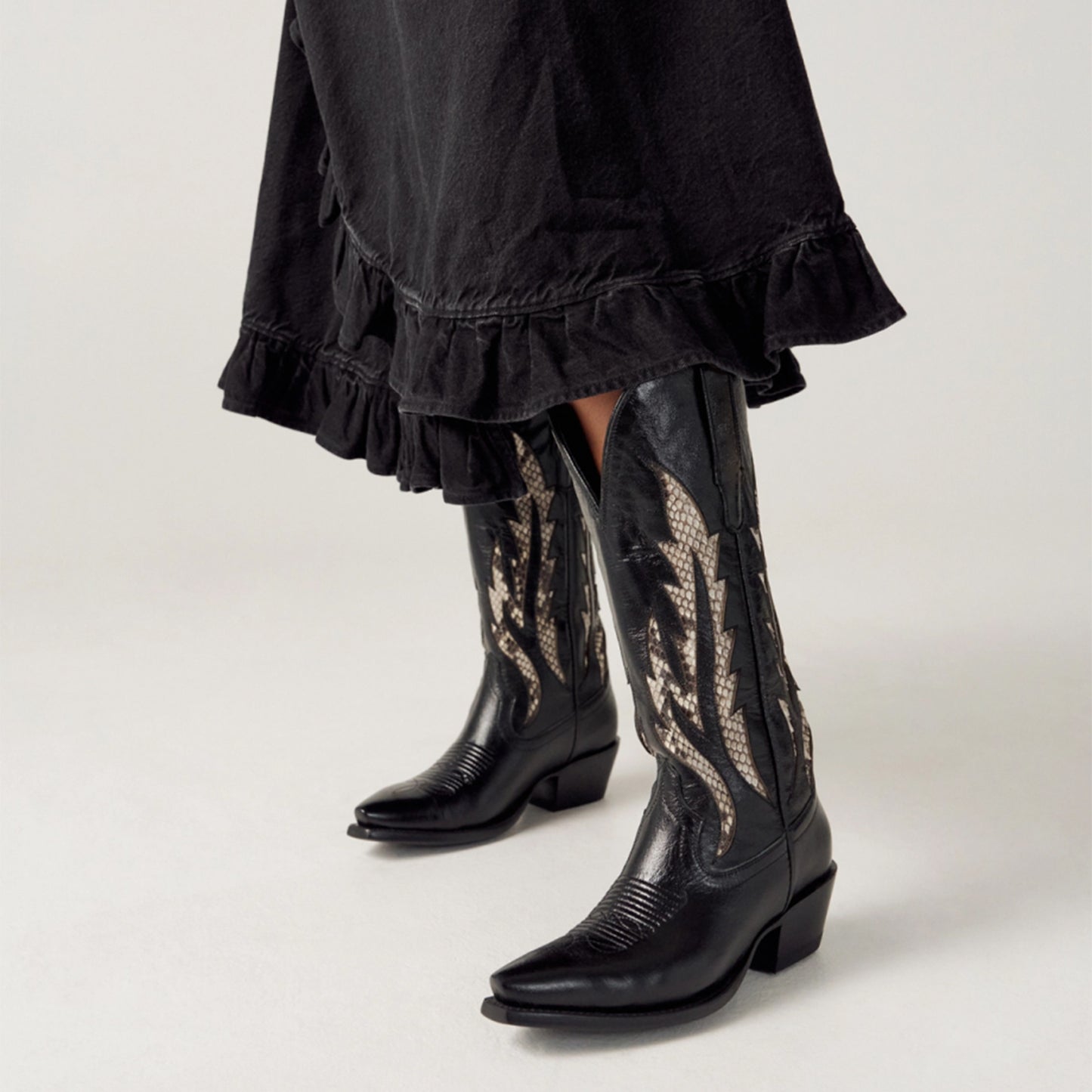 Black Snip-Toe Bone Snakeskin Print Inlay Mid Calf Cowgirl Boots