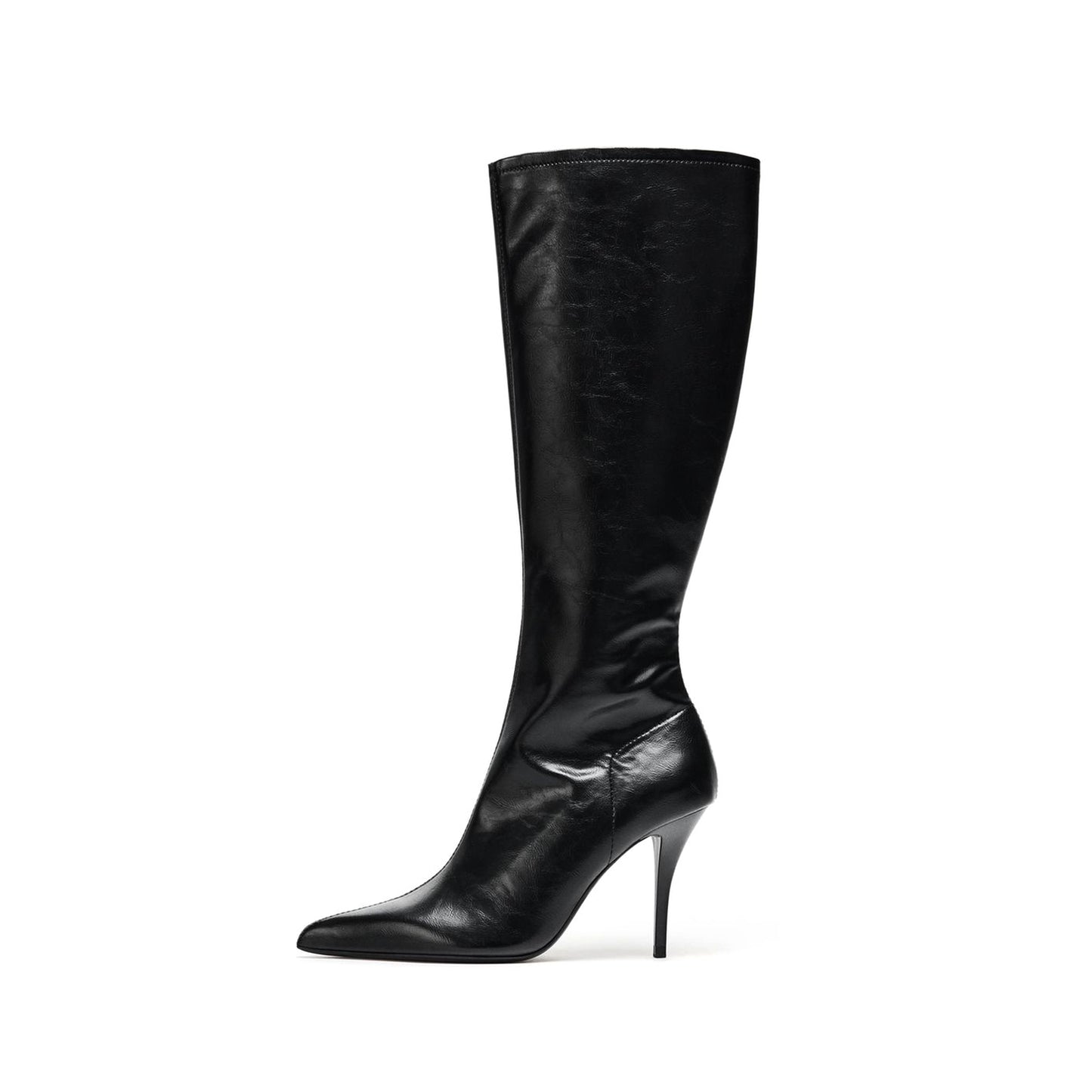 Black Pointed-Toe Side Full-Zip Chic Knee High Stiletto Boots