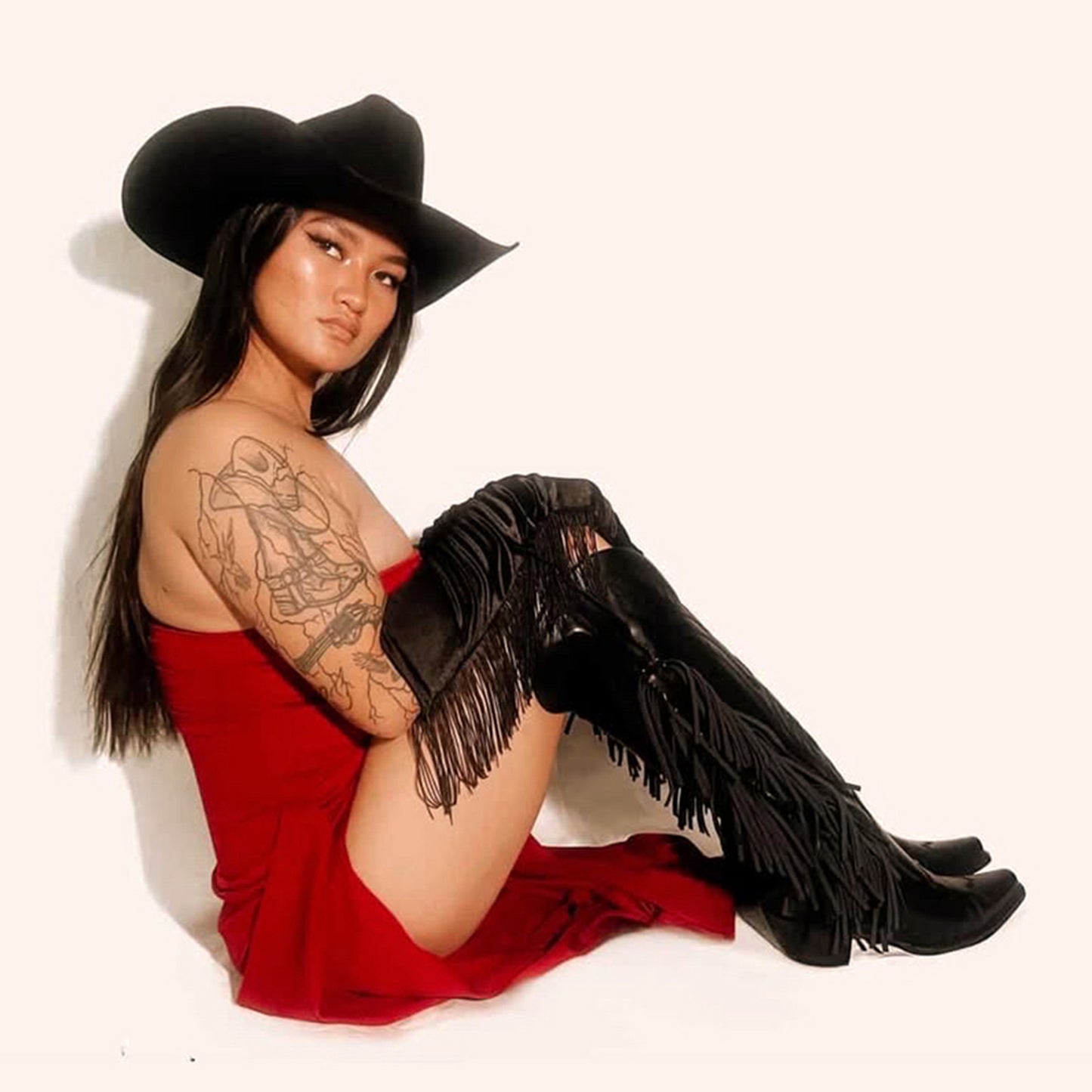 Black Snip-Toe Embroidery Side Fringe Half-Zip Knee High Cowgirl Boots