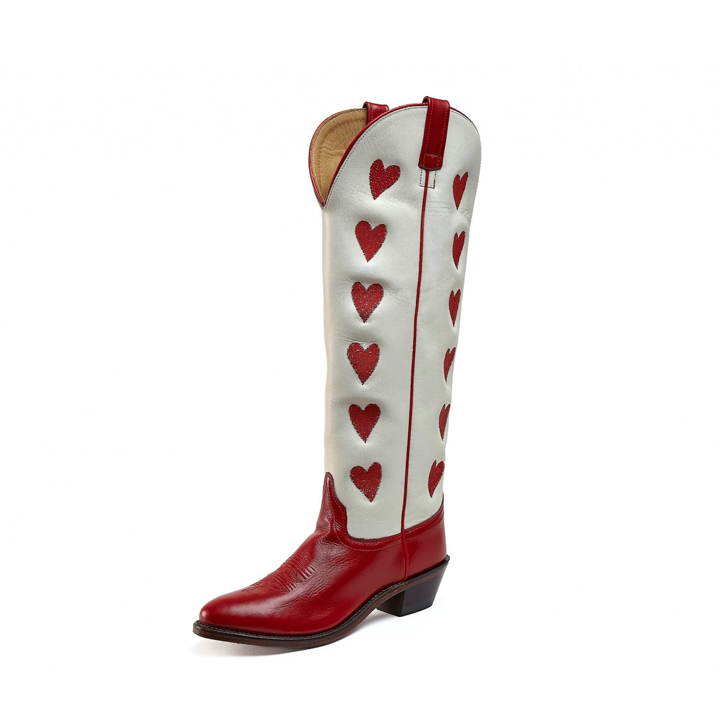 Contrast White And Red Almond-Toe Hearts Inlay Wide Calf Knee High Cowgirl Boots