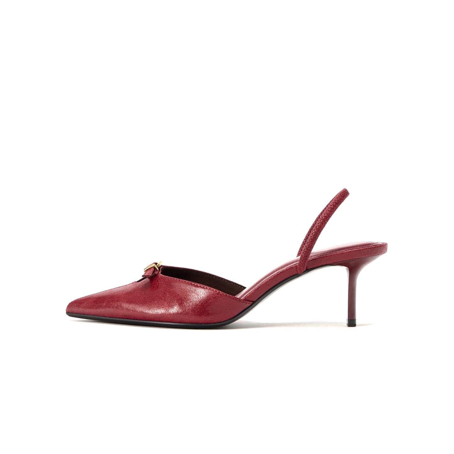 Red Pointed-Toe Front Buckle And Slingback Classic Kitten Heels