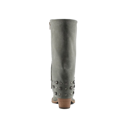 Gray Faux Suede Snip-Toe Studded Fold-Over Full-Zip Mid Calf Cowgirl Boots
