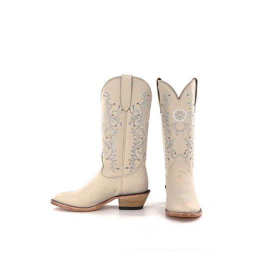 Nude Round-Toe Leaves Embroidery Mid Calf Cowgirl Boots
