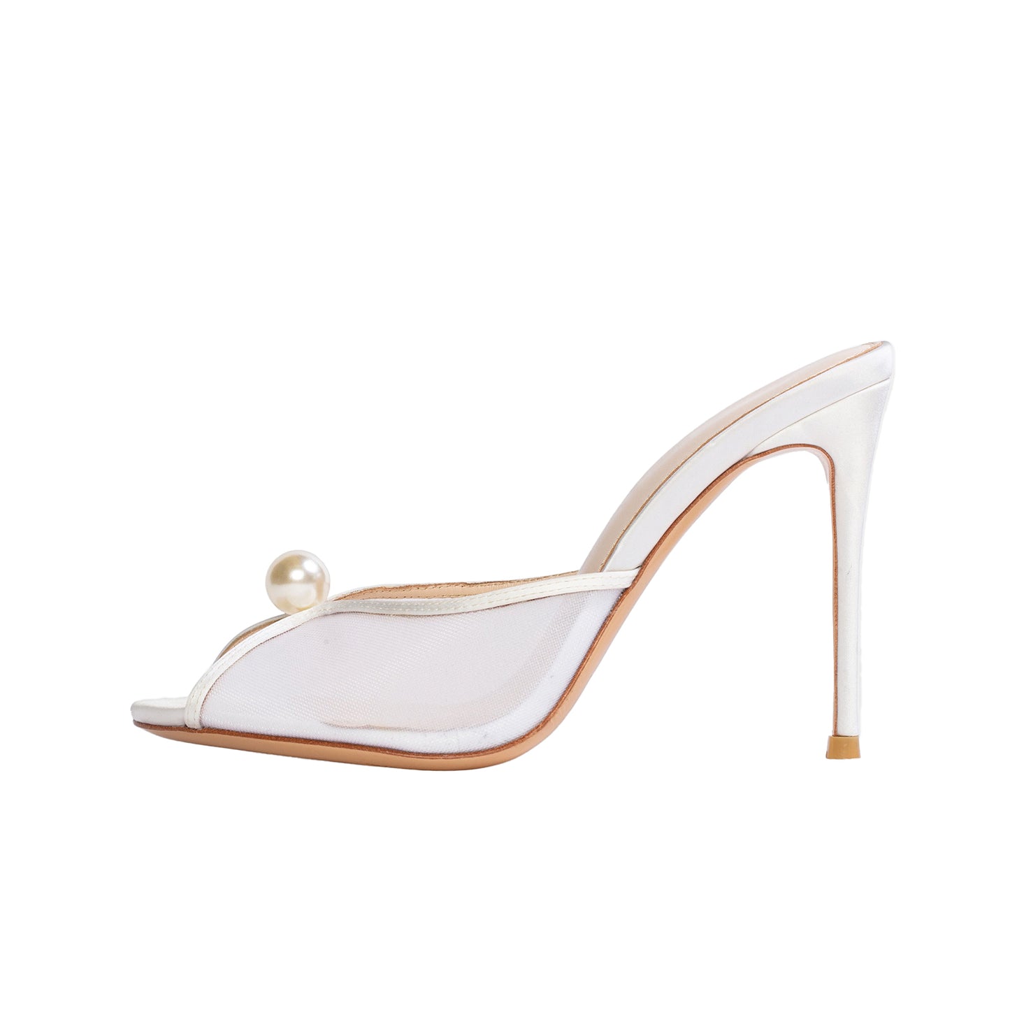 White Mesh Satin Round-Toe Front Pearl Backless High Heels