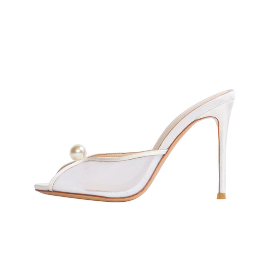 White Mesh Satin Round-Toe Front Pearl Backless High Heels