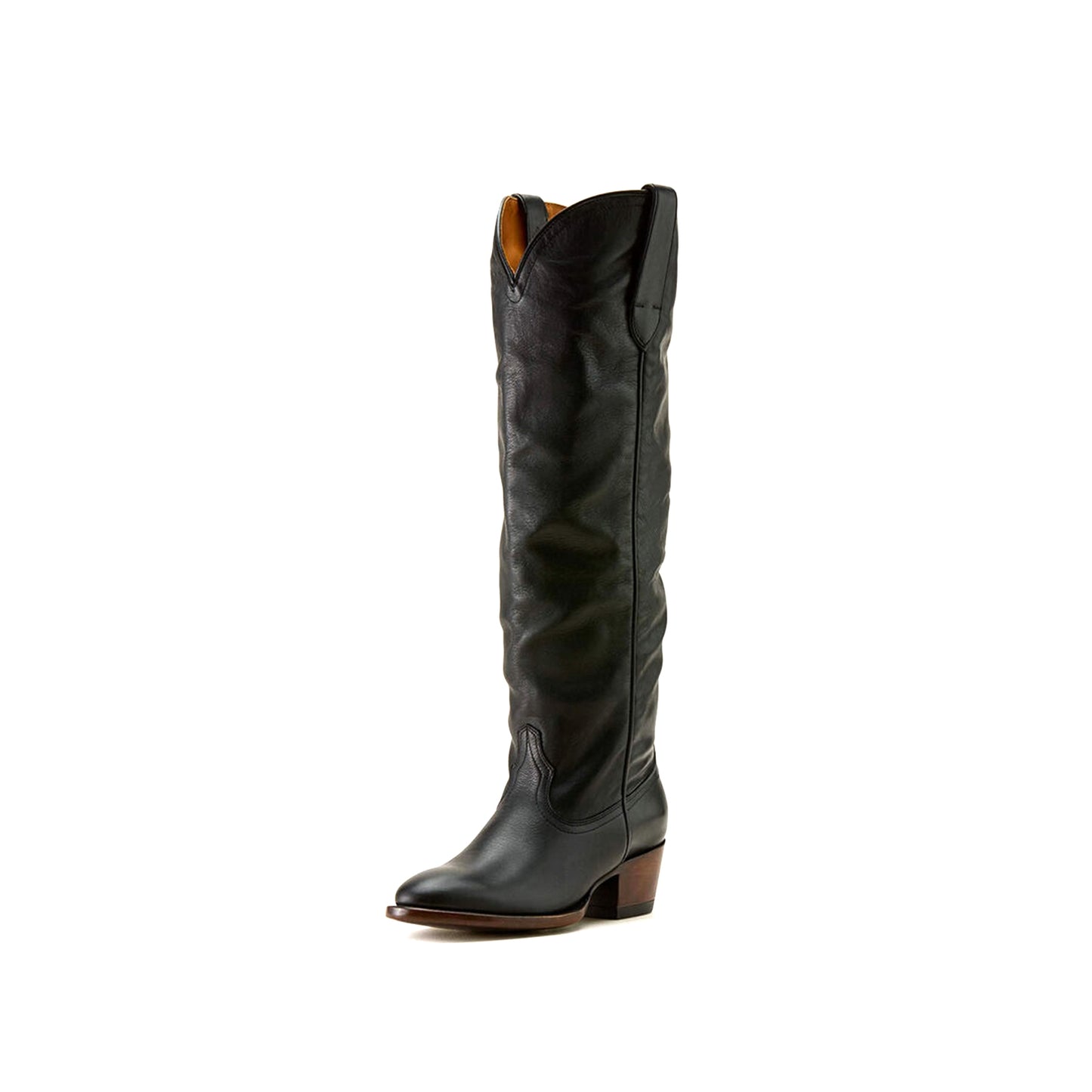 Black Round-Toe Simple Wide Calf Knee High Cowgirl Boots