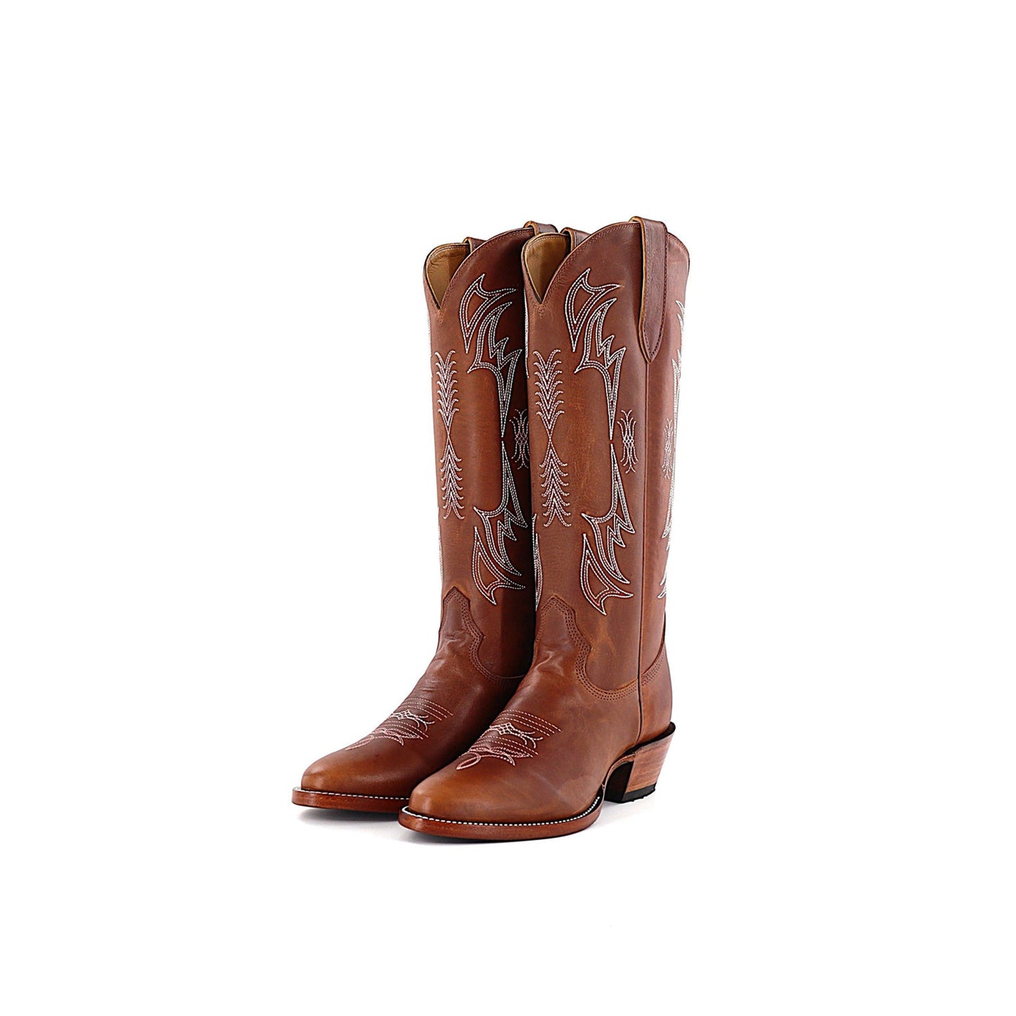 Cognac Round-Toe Embroidery Mid Calf Cowgirl Boots