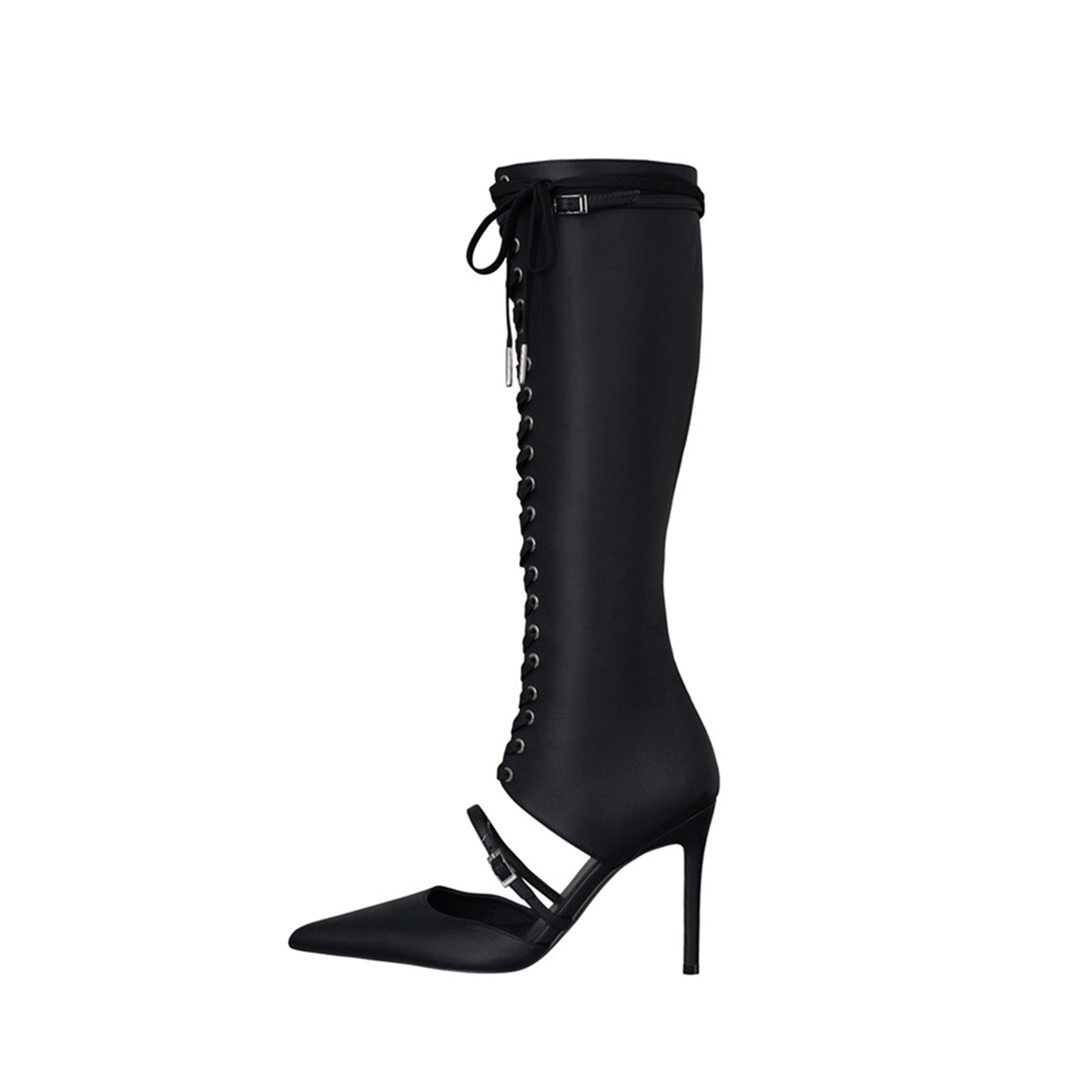 Black Pointed-Toe Front Lace-Up Full-Zip Knee High Stiletto Boots