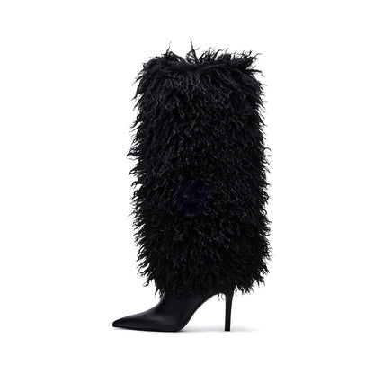 Black Pointed-Toe Full Plush Wide Calf Knee High Stiletto Boots