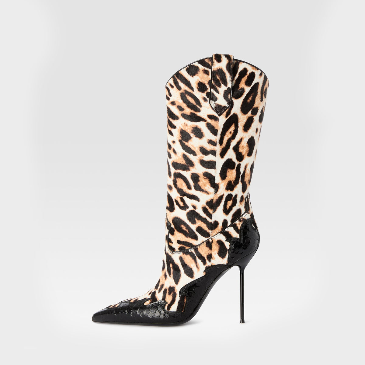 Leopard Pattern And Black Snakeskin Pattern Pointed-Toe Slip-On Mid Calf Stiletto Boots
