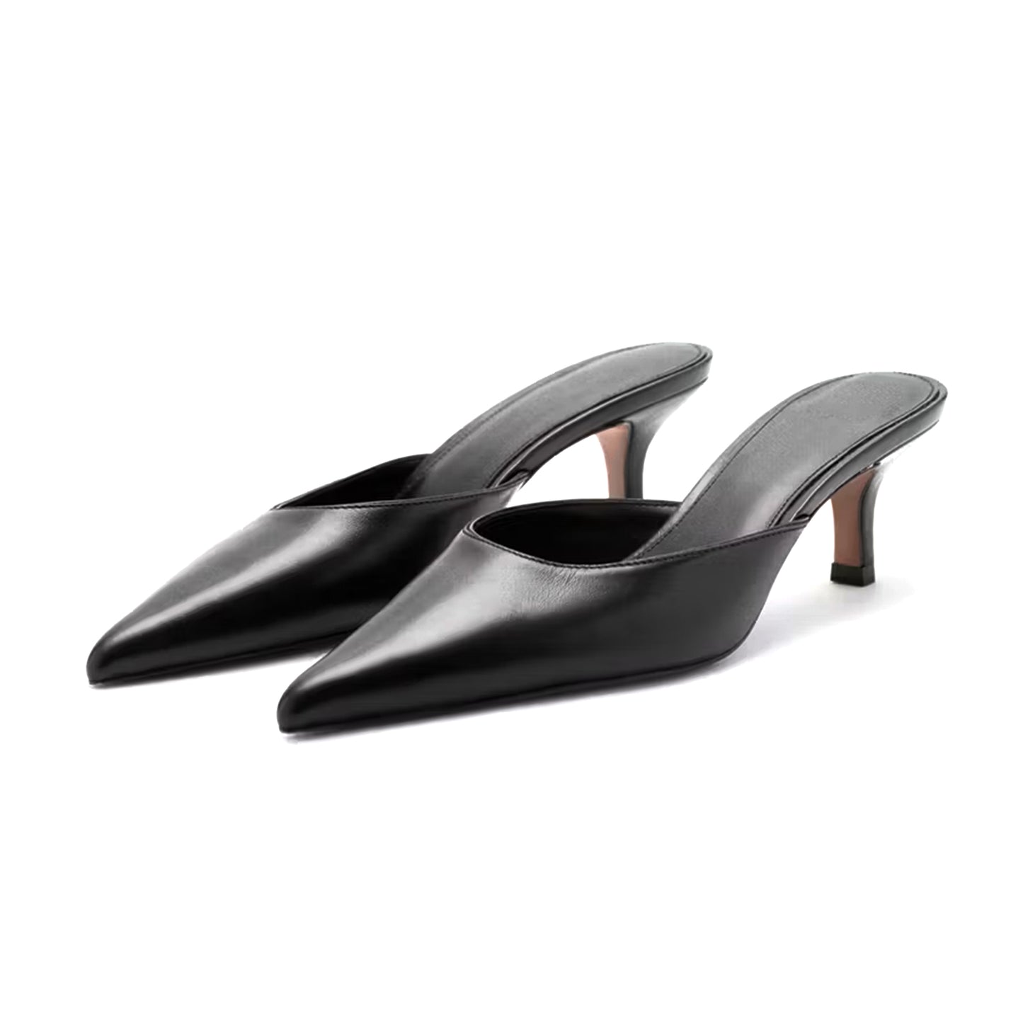 Black Vegan Leather Pointed-Toe Chic Backless Kitten Heels