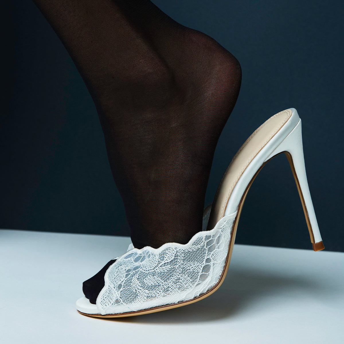 White Lace Mesh Peep Round-Toe Backless Simple High Heels
