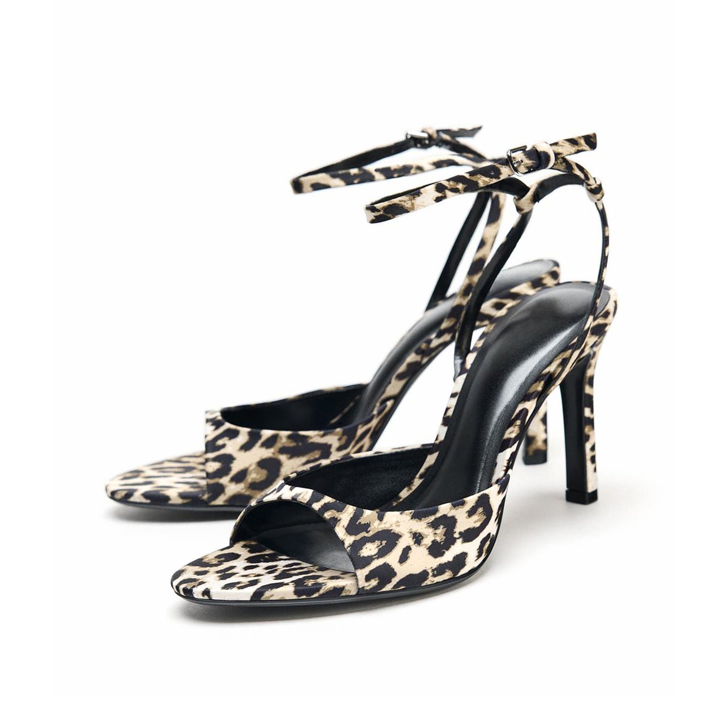 Leopard Satin Peep Round-Toe Slingback And Ankle Strap High Heels