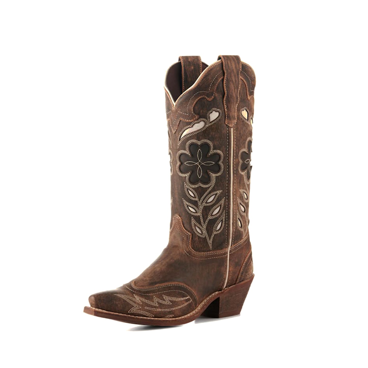 Distressed Brown Snip-Toe Flower Inlay Mid Calf Cowgirl Boots