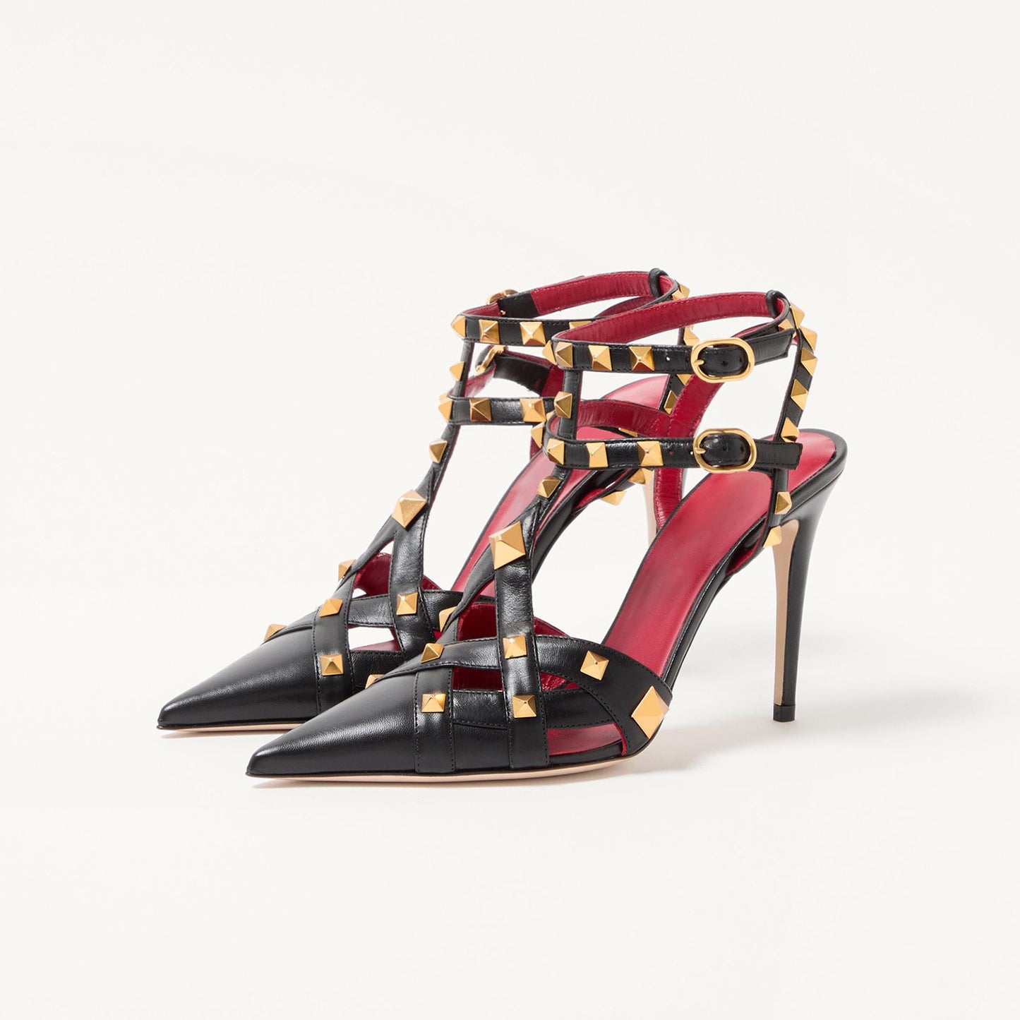 Black Pointed-Toe Studded Strappy Ankle Strap High Heels