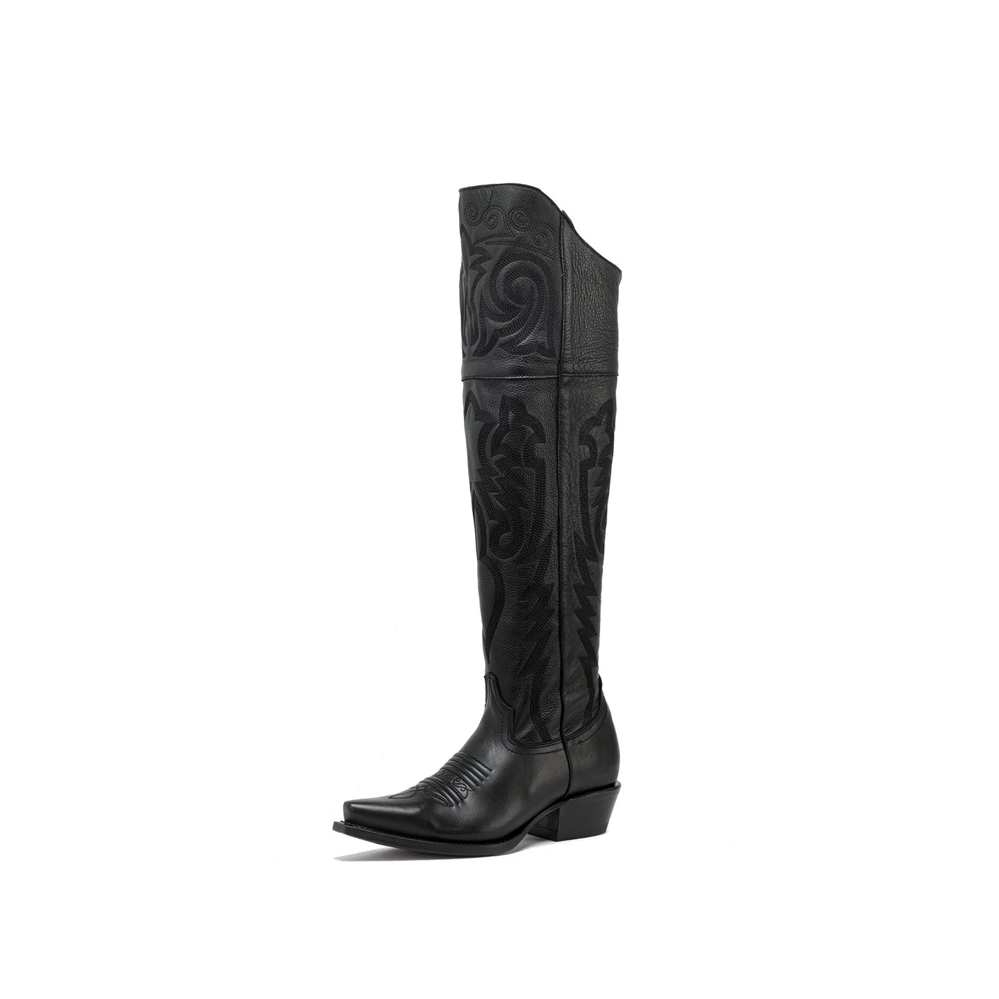 Black Snip-Toe Embroidery Half-Zip Knee High Cowgirl Boots