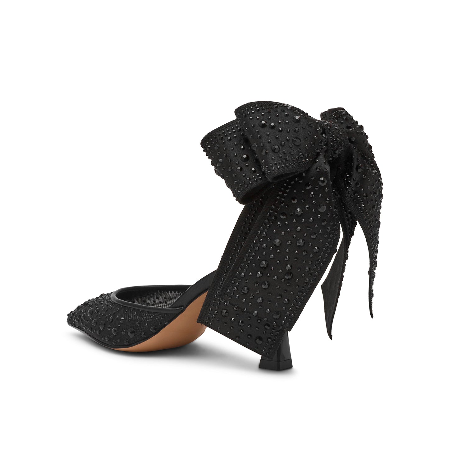 Black Crystals Satin Pointed-Toe Ankle Strap With Bow Pumps