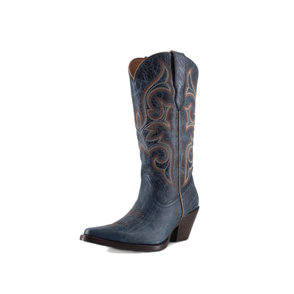 Distressed Dark Blue Snip-Toe Mid Calf Embroidery Cowgirl Boots