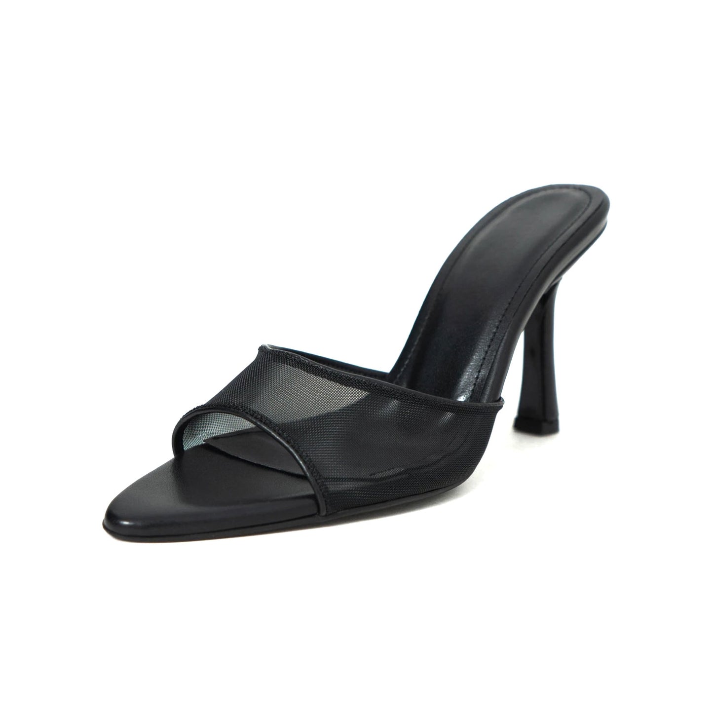 Black Mesh And Vegan Leather Pointed-Toe Backless Classic High Heels