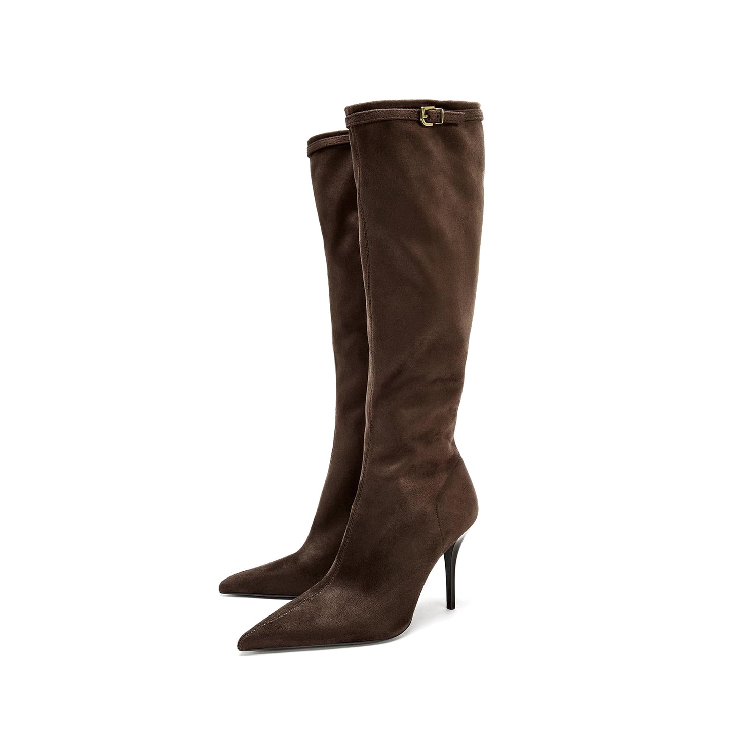 Chocolate Faux Suede Pointed-Toe Top Buckle Strap Full-Zip Knee High Stiletto Boots