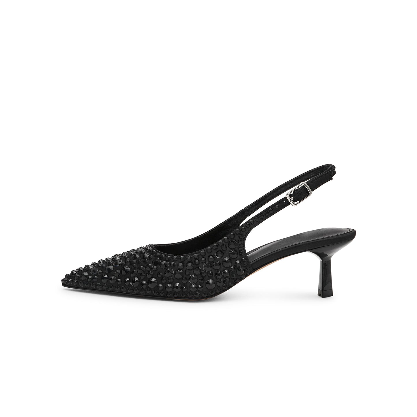 Black Satin Full Crystals Pointed-Toe Classic Slingback Kitten Heels