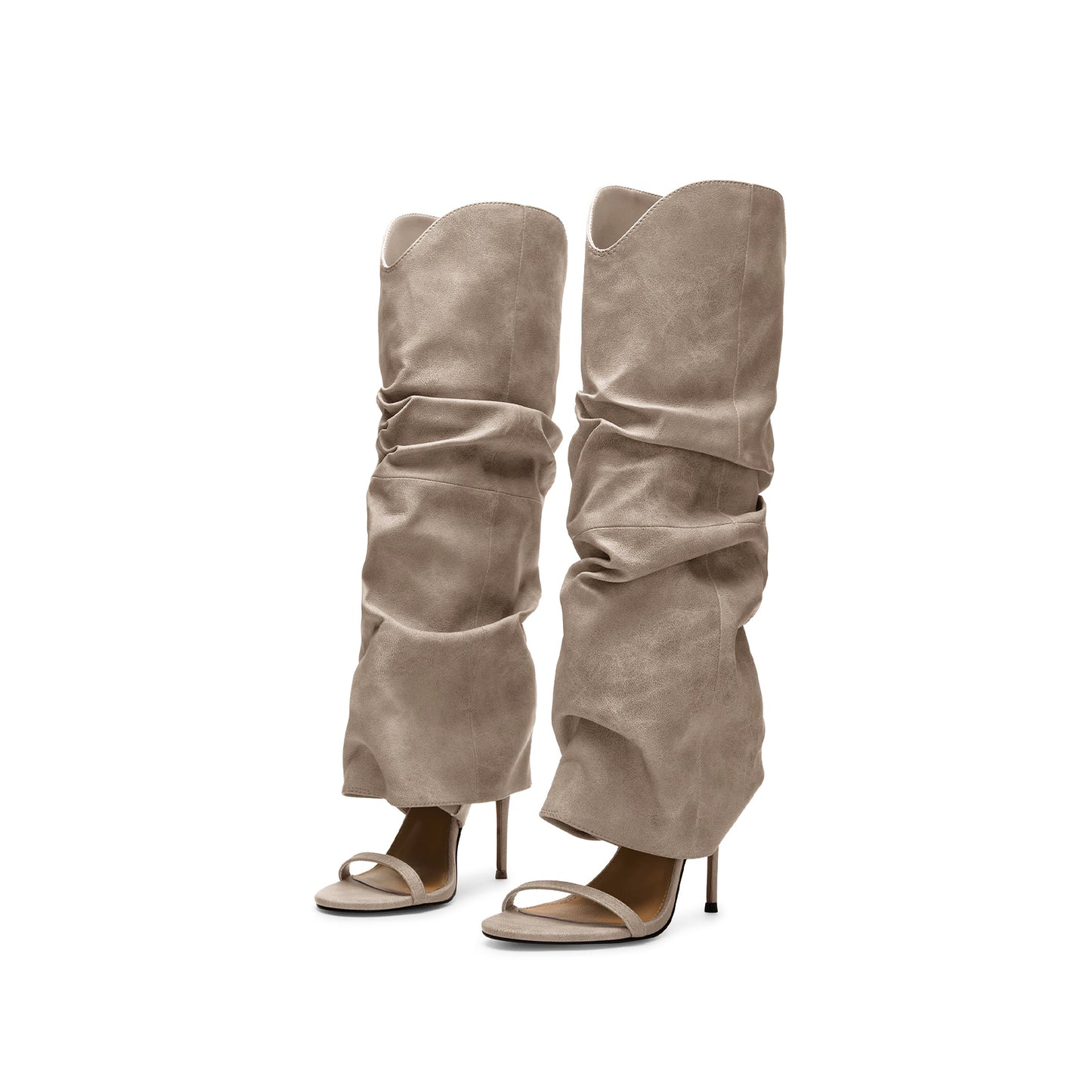 Gray Open Round-Toe Fold-Over Wide Calf Knee High Stiletto Boots