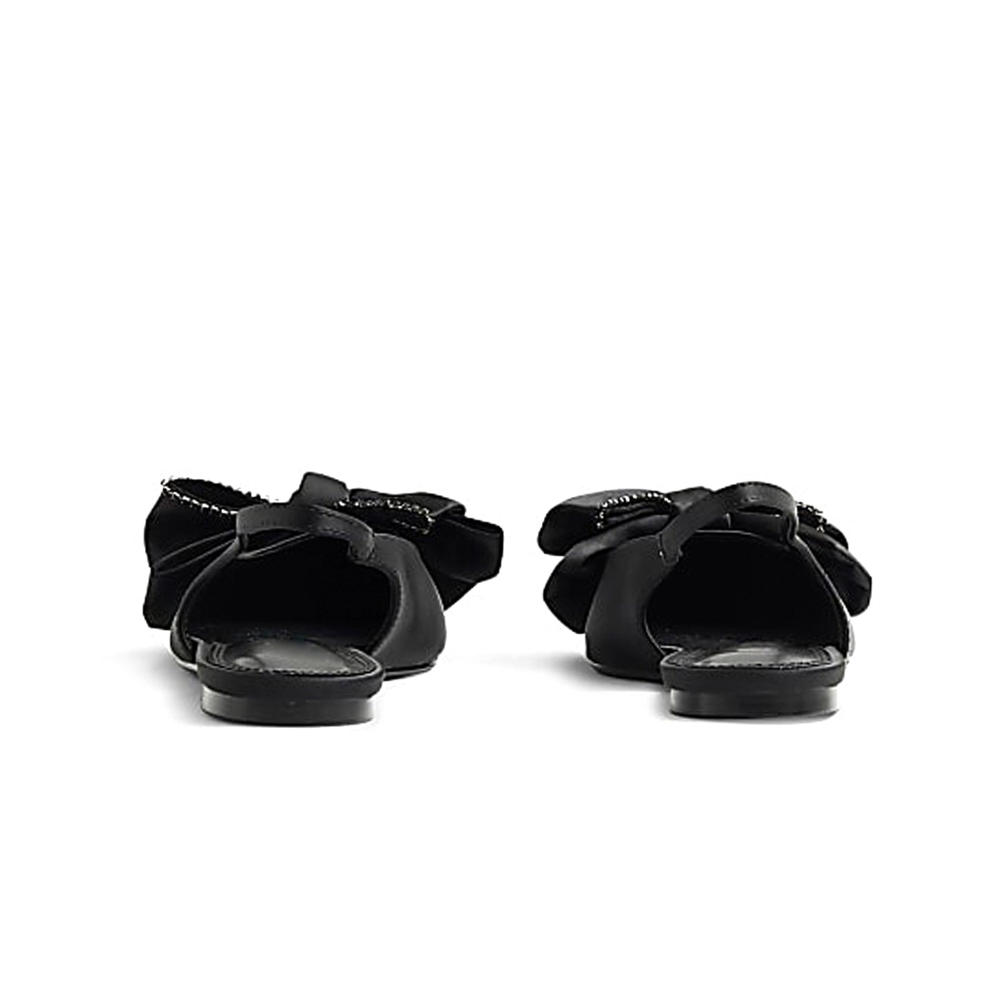 Black Satin Pointed-Toe Front Big Bow Slip-On Slingback Flats