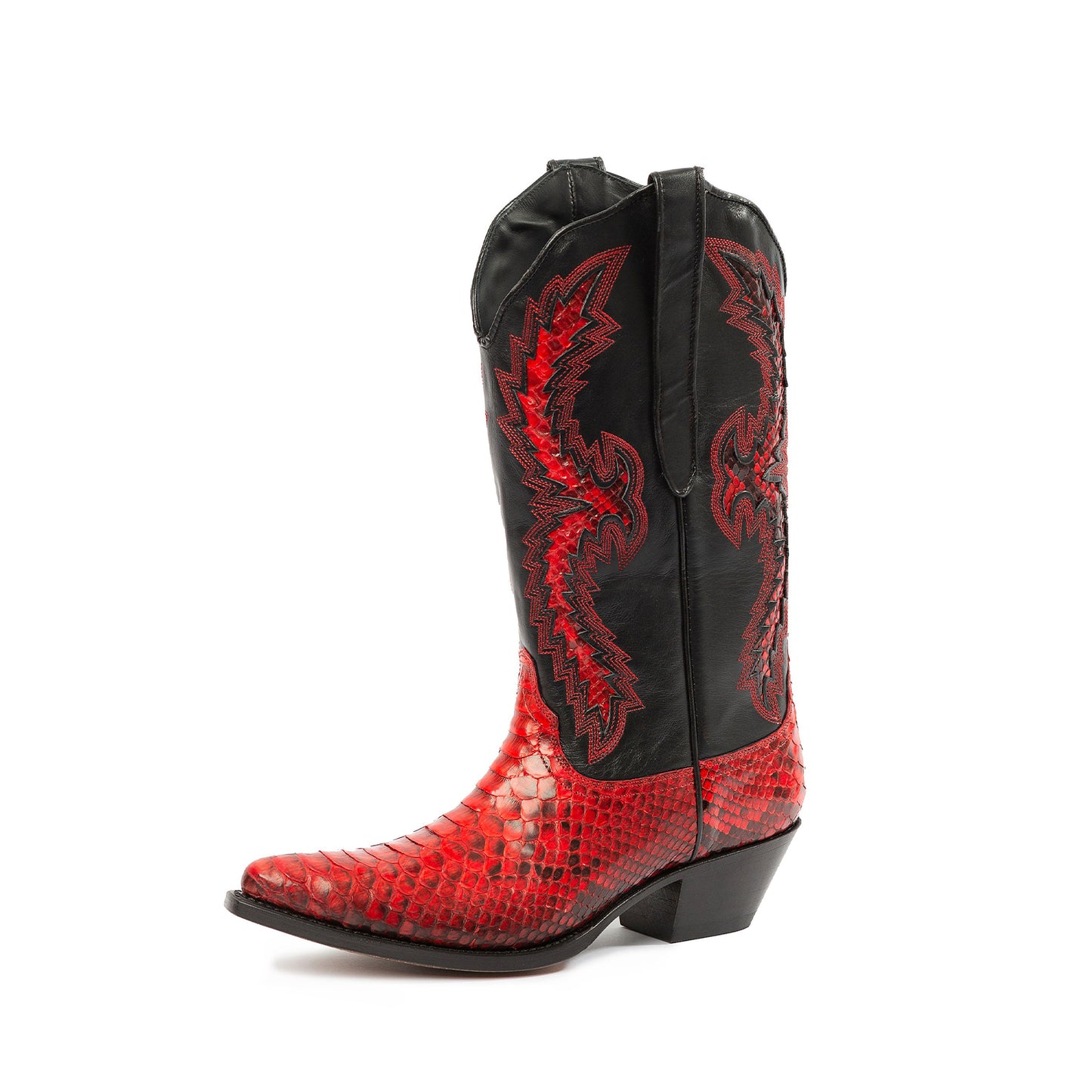 Contrast Snakeskin Print And Black Vegan Leather Snip-Toe Embroidery And Inlay Mid Calf Cowgirl Boots
